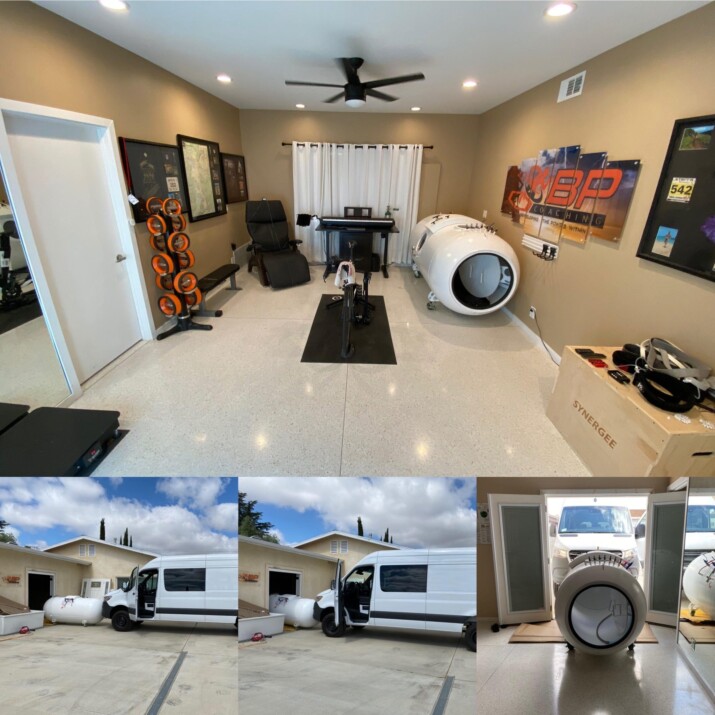 A modern living room with unique furniture and a view of the house exterior and laundry area.