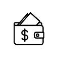 Black wallet icon with dollar sign and money inside.